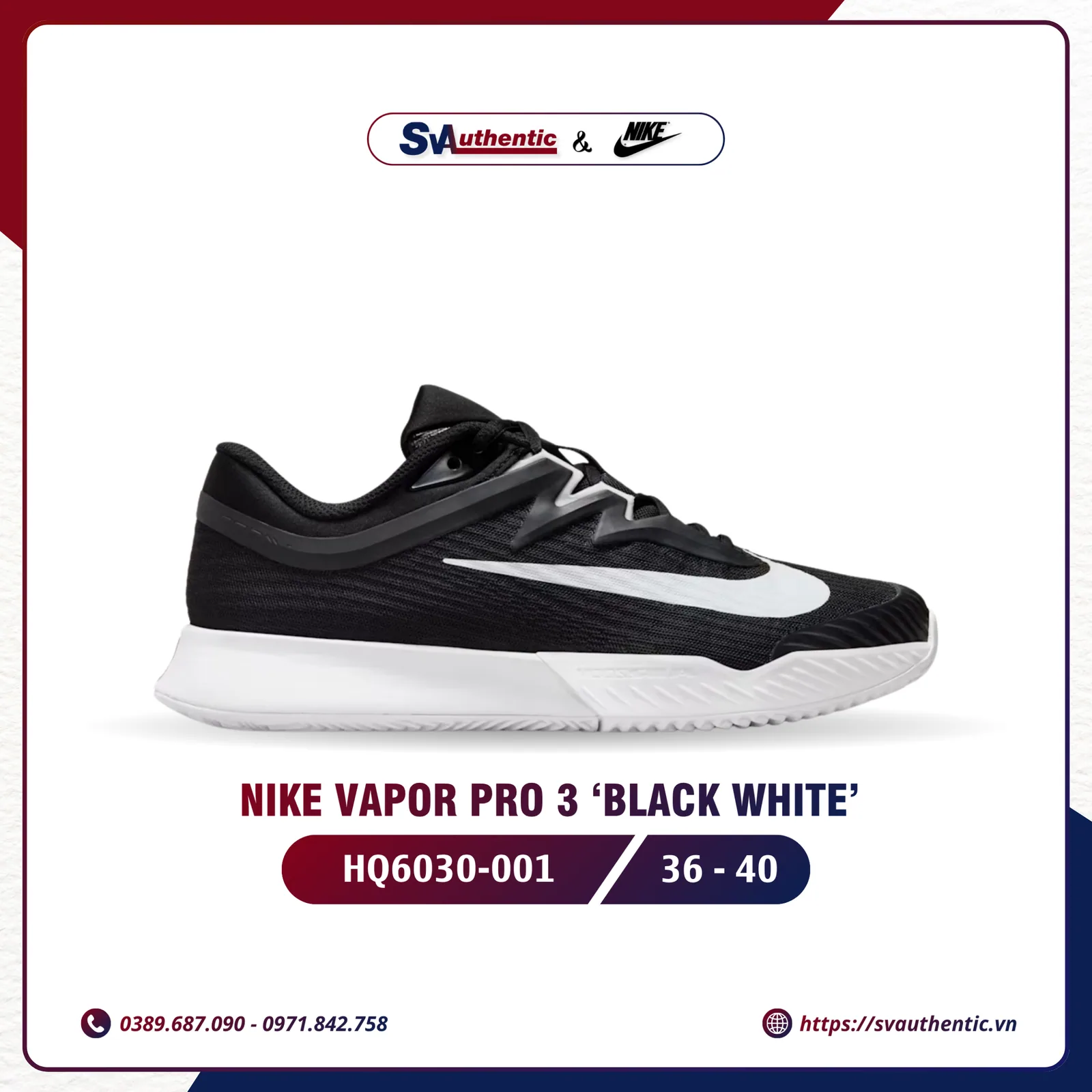 Giày Tennis Pickleball Nike Vapor Pro 3 Black White Chính Hãng (HQ6030-001)