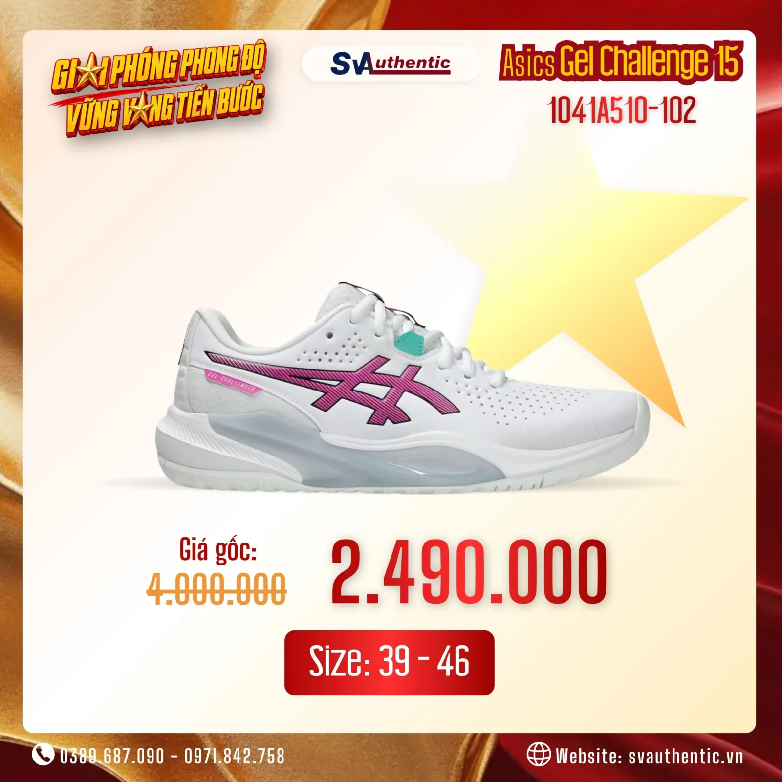 Giày Tennis Pickleball Nam ASICS Gel Challenge 15 White / Digital Sakura (1041A510-102)