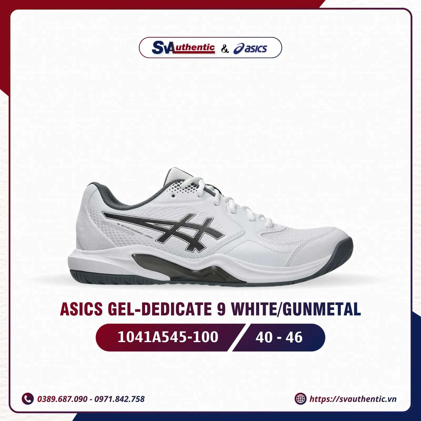 Giày Tennis Pickleball Nam ASICS Gel-Dedicate 9 White / Gunmetal (1041A545-100)