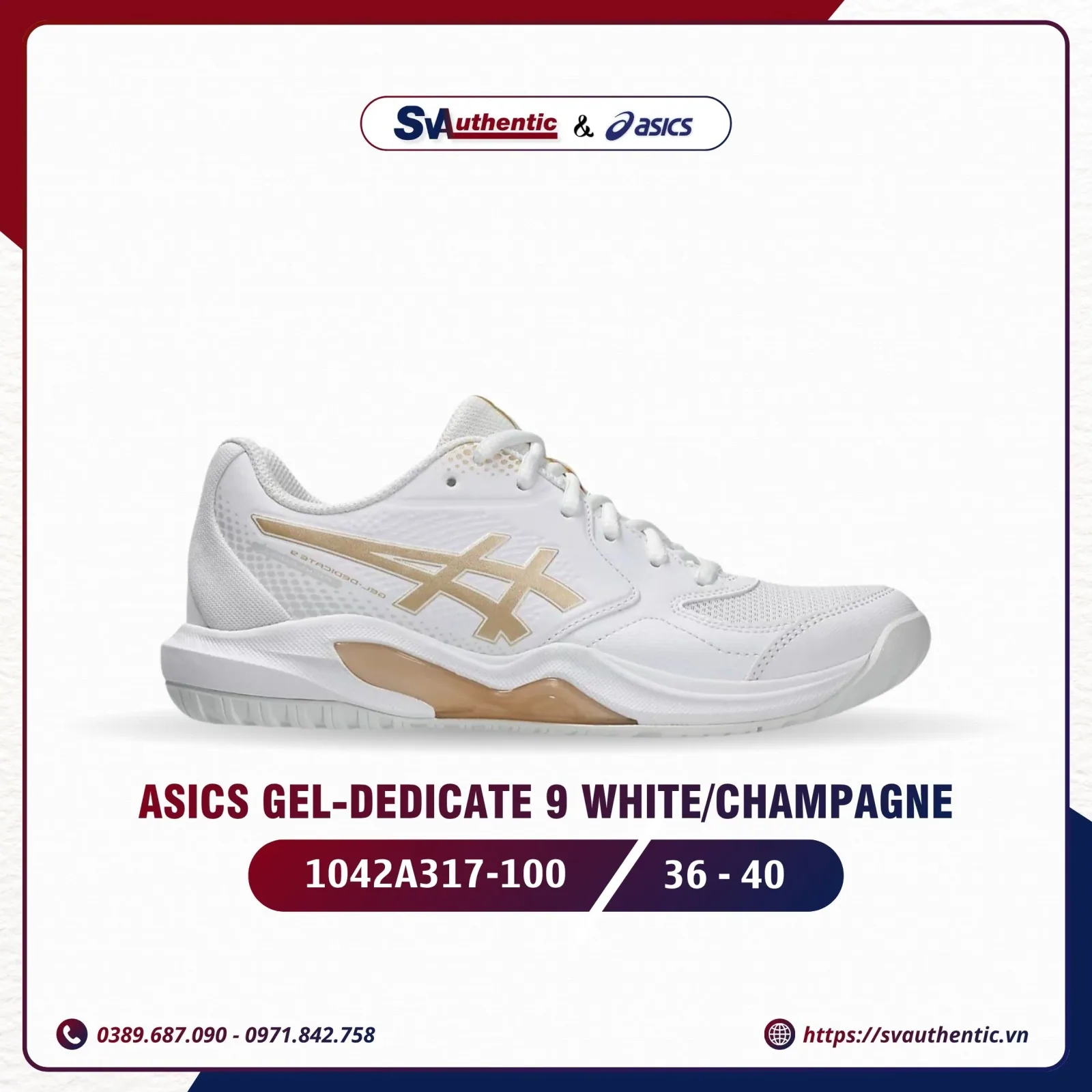 Giày Tennis Pickleball Nữ ASICS Gel-Dedicate 9 White / Champagne (1042A317-100)
