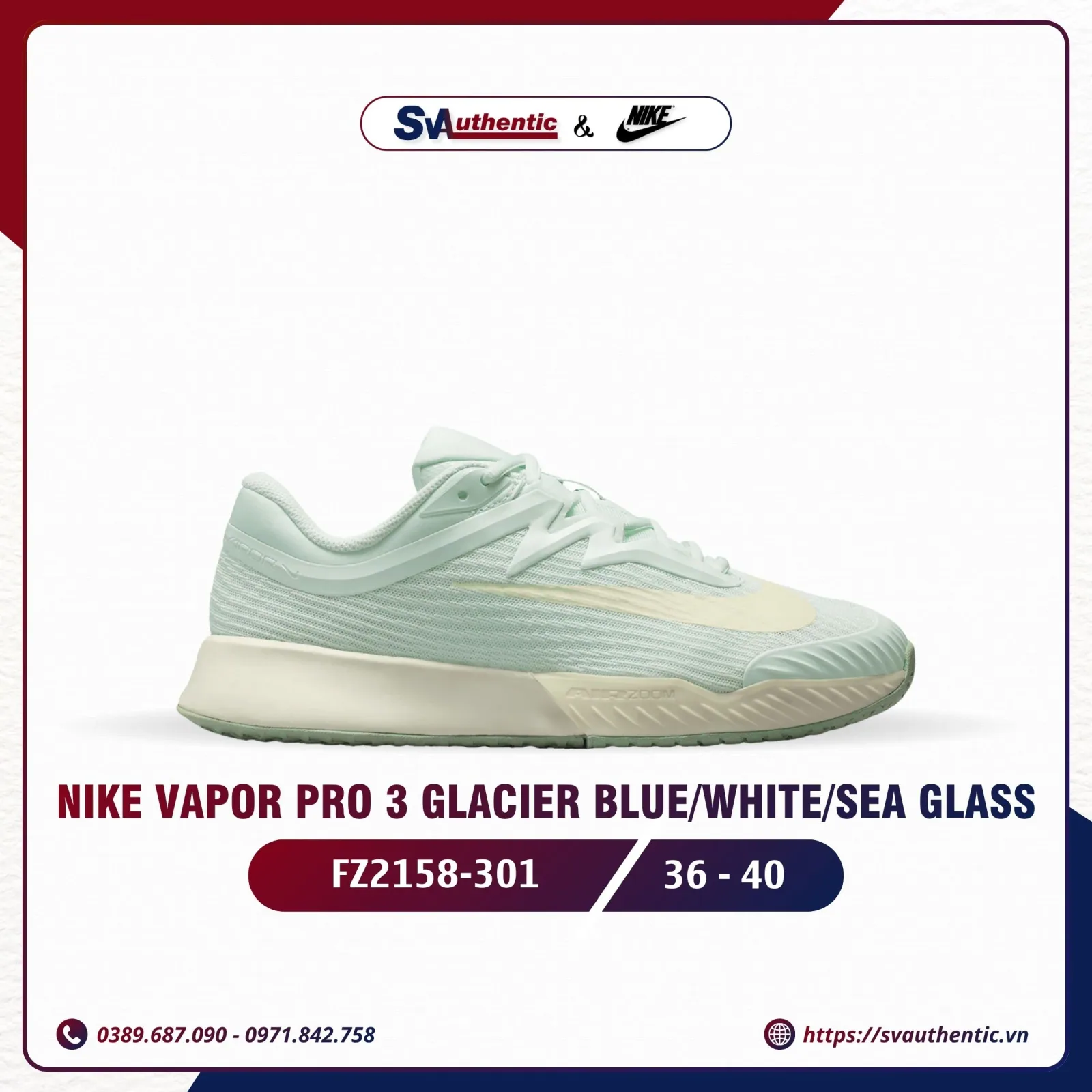 Giày Tennis Pickleball Nữ NIKE Vapor Pro 3 Glacier Blue / White / Sea Glass (FZ2158-301)