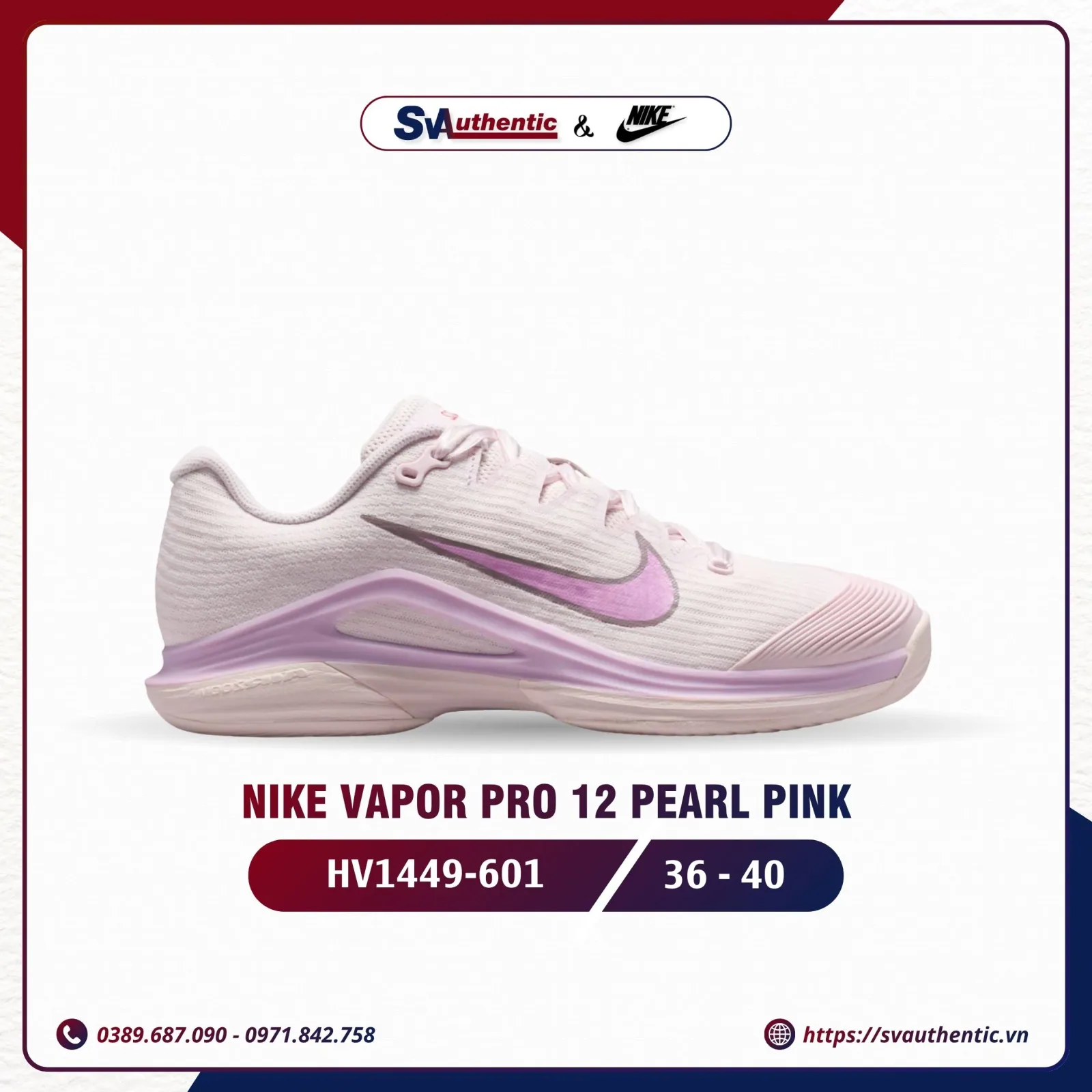 Giày Tennis Pickleball Nữ NIKE Vapor Pro 12 Pearl Pink / Pink Foam / Chalk / Light Magenta (HV1449-601)