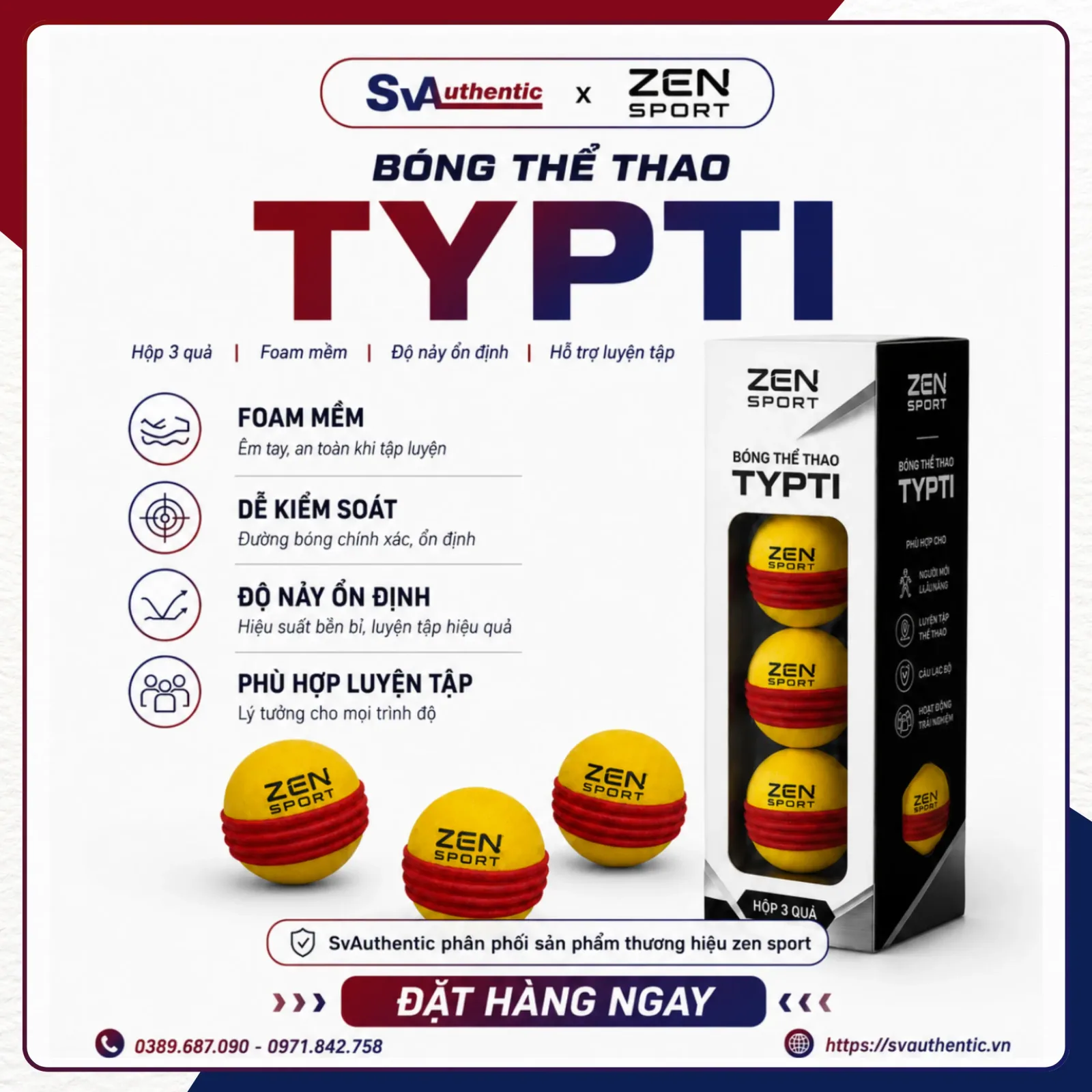 Hộp 3 Bóng TYPTI Chính Hãng Tiêu Chuẩn Thi Đấu
